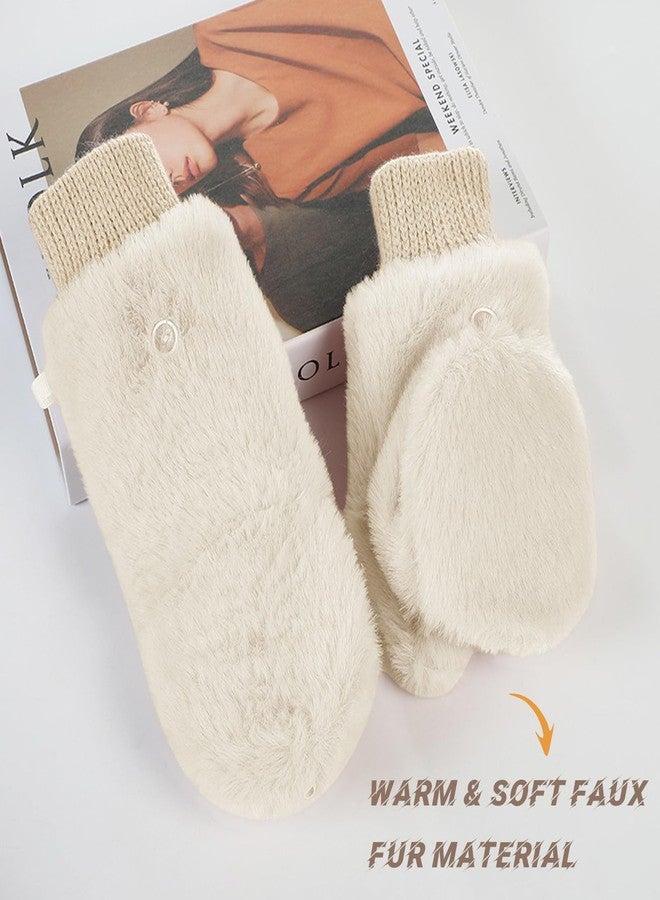 Piewag Winter Faux Fur Convertible Mittens for Women Girls Thermal Warm Half Finger Fingerless Gloves Beige - Image 4